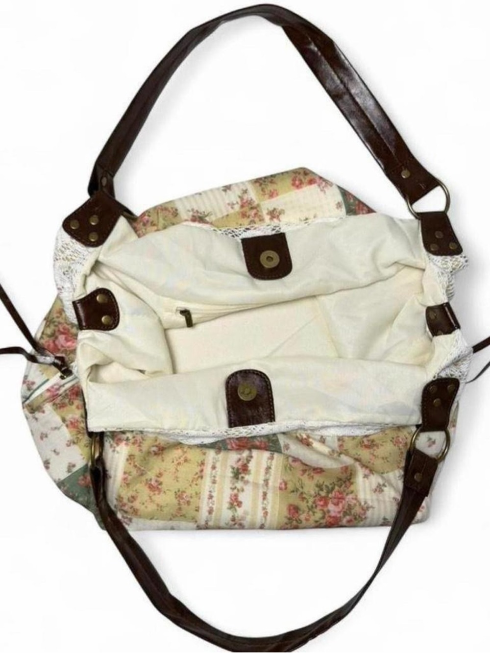 Boho Floral Patchwork Lace Cream Tote Bag Cottagecore Festival Indie Western Y2K - Picture 6 of 6